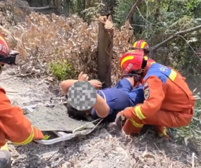 【视频】货车翻入山林司机受伤 陡坡上消防员连摔数次却紧抓担架
