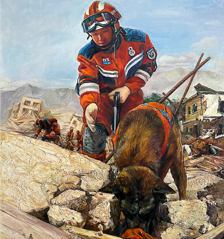 油画《搜救犬》